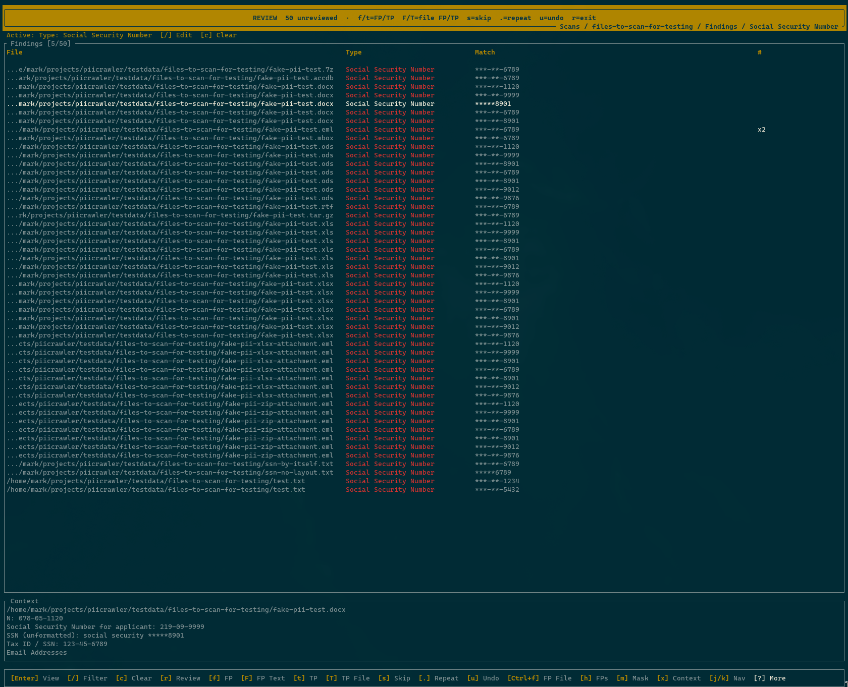 TUI in Review mode showing the verdict legend at the bottom: f=FP, t=TP, F/T=file, s=skip, .=repeat, u=undo, r=exit